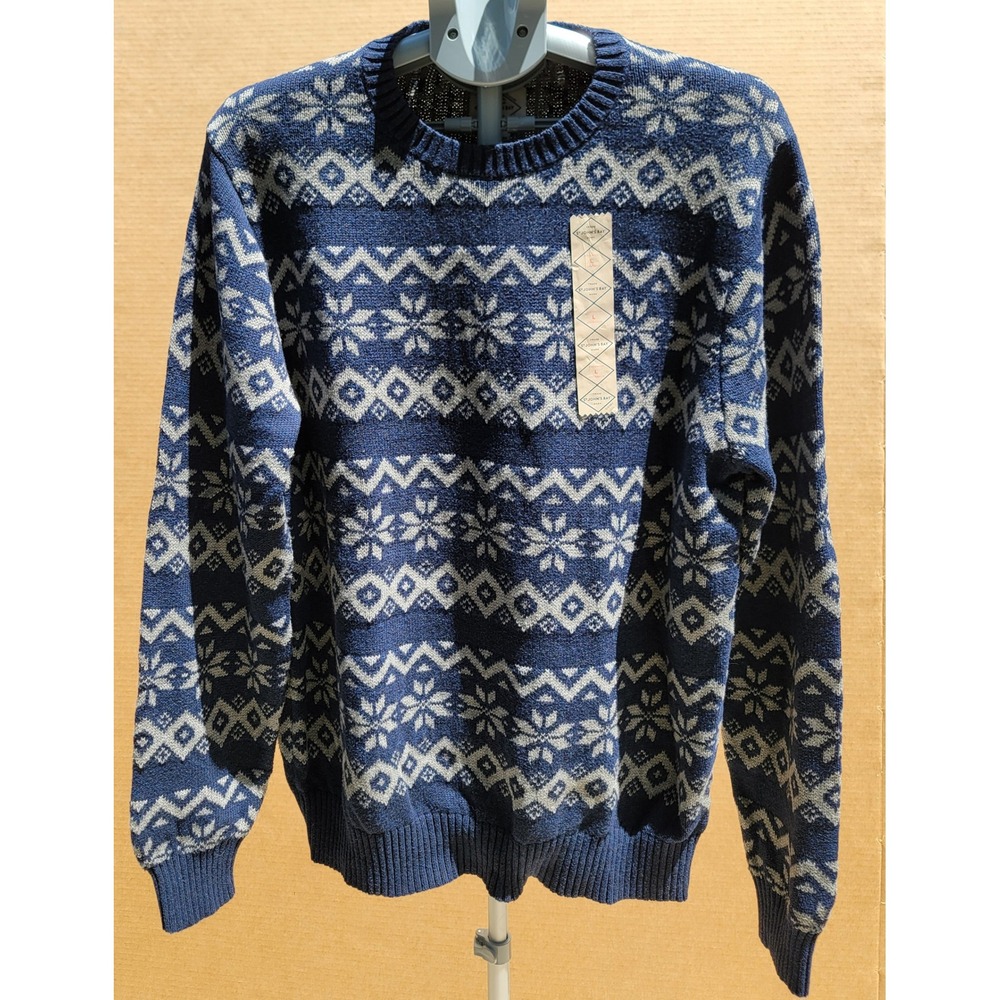St Johns Bay Mens Navy Snowflake Fair Isle Crewneck Sweater Large NWT 513-6559